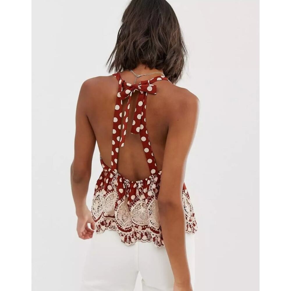Free People Lunch Date Crochet Detail Halter Neck Top, Size M - Picture 2 of 8